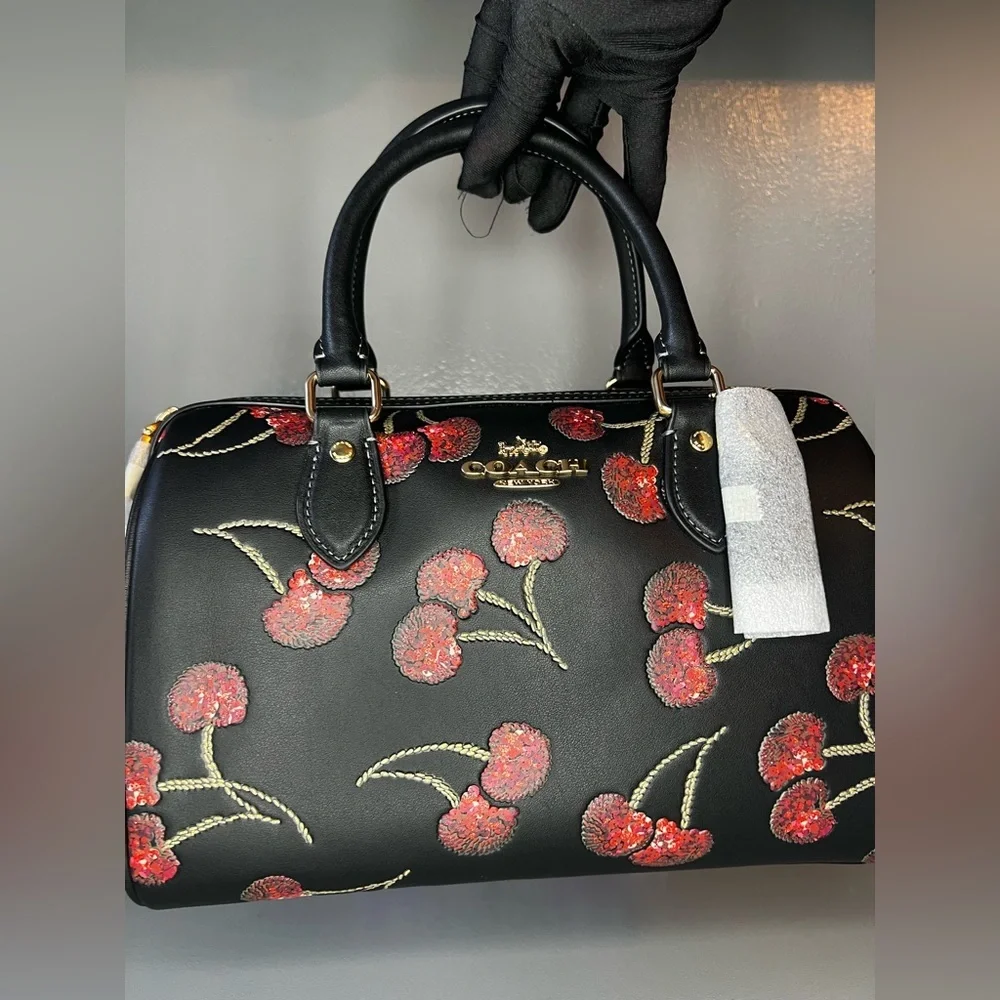 Coach Rowan Satchel Bag in Leather with Cherry Print Black Multi